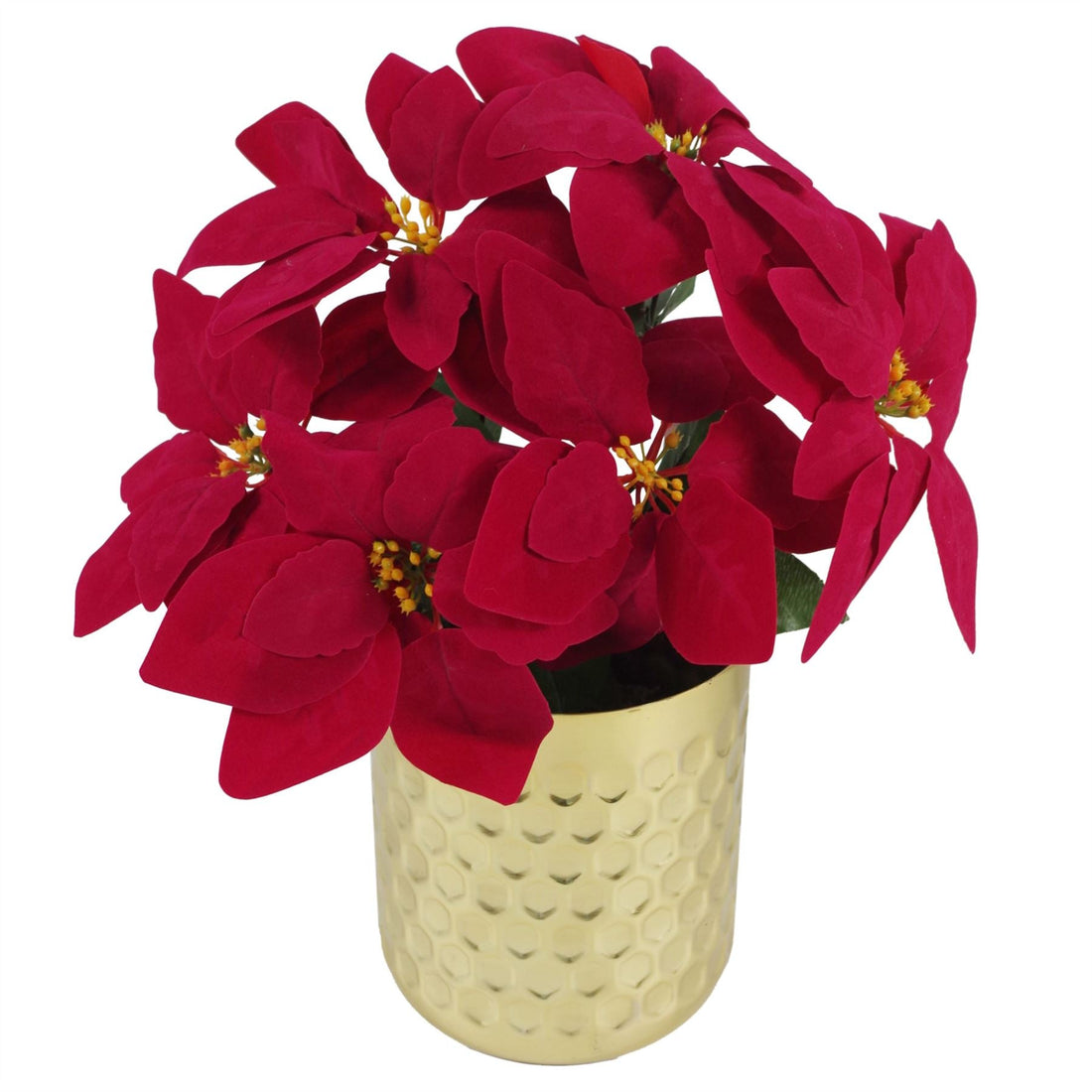 Artificial Christmas Red Poinsettia 40cm Gold Honeycomb Metal Planter-0